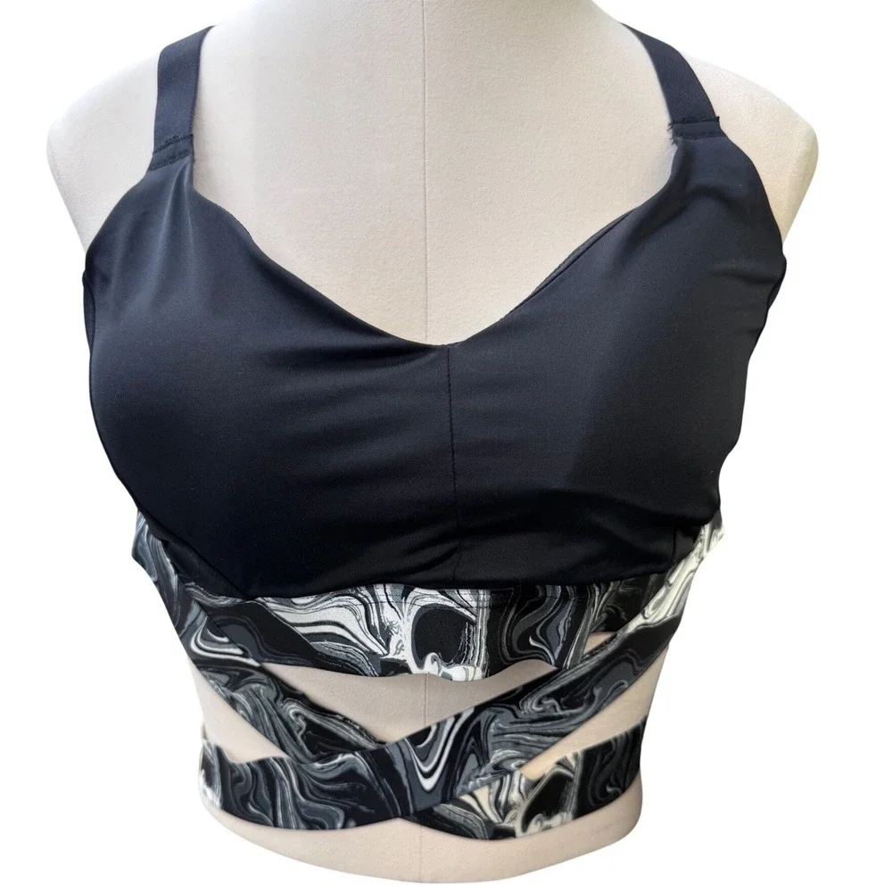 Adore Me Jet Black Marble Print Strappy Wrap Sports Bra XL edgy‎ yoga gym wear